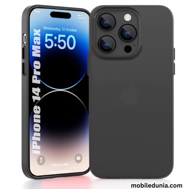 Image Alt Text: iPhone 14 Pro Max का स्टेनलेस स्टील फ्रेम और ग्लास बैक डिज़ाइन