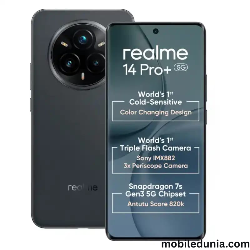 Realme 14 Pro Plus स्मार्टफोन का फ्रंट व्यू, कर्व्ड AMOLED डिस्प्ले और पंच-होल कैमरा के साथ