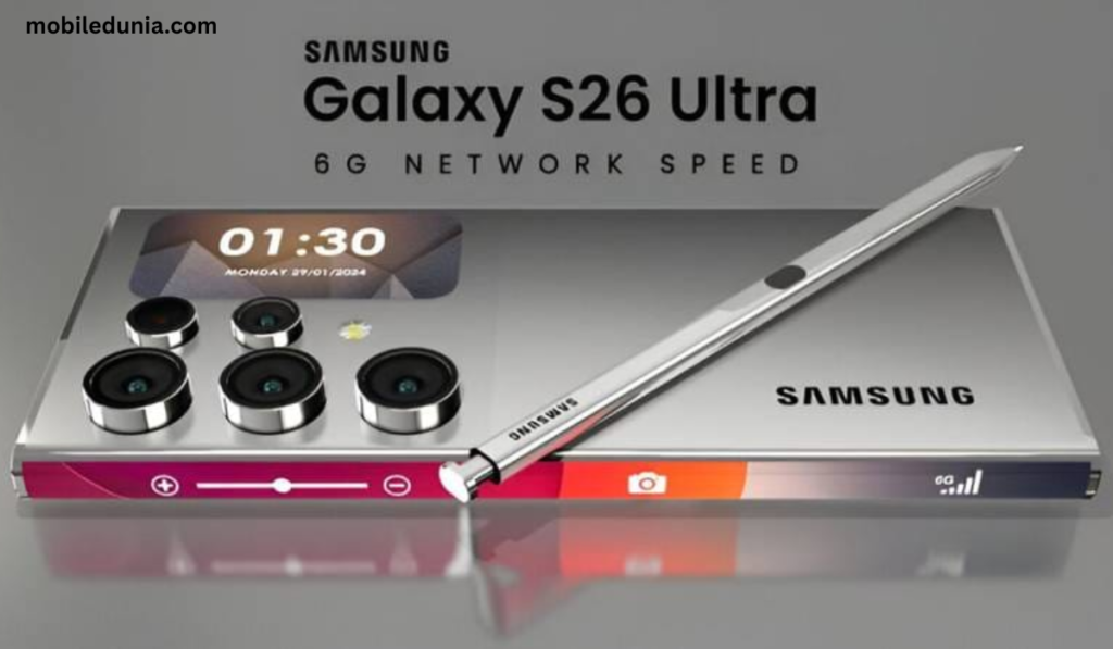 Samsung Galaxy S26 Ultra स्मार्टफोन का बैक और फ्रंट डिज़ाइन, 250MP कैमरा और 6000mAh बैटरी के साथ