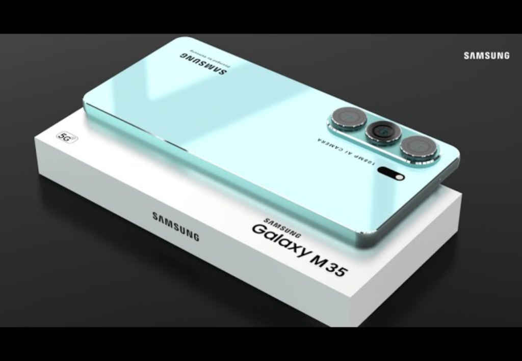 Samsung Galaxy M35 5G का फ्रंट और बैक व्यू, 6000mAh बैटरी और ट्रिपल कैमरा सेटअप के साथ